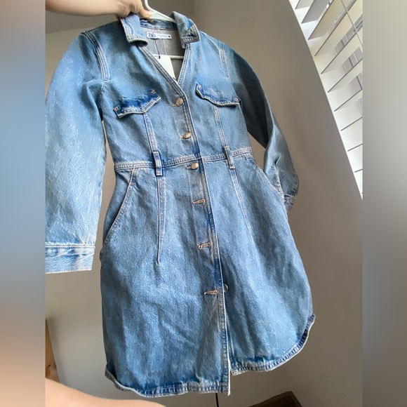 ZARA Denim Midi Shirt Dress Short lapel collar V-neck long sleeves Size XS NWT - Picture 9 of 16
